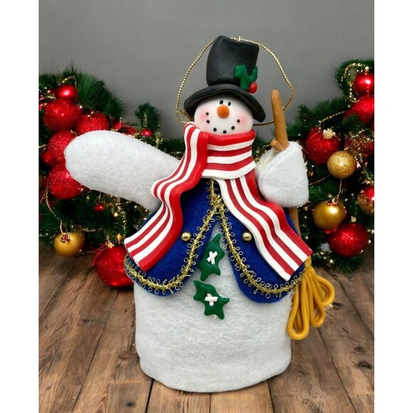 Handcrafted Festive Snowman Christmas Tree Ornament USA Patriotic Striped Scarf - Picture 1 of 8